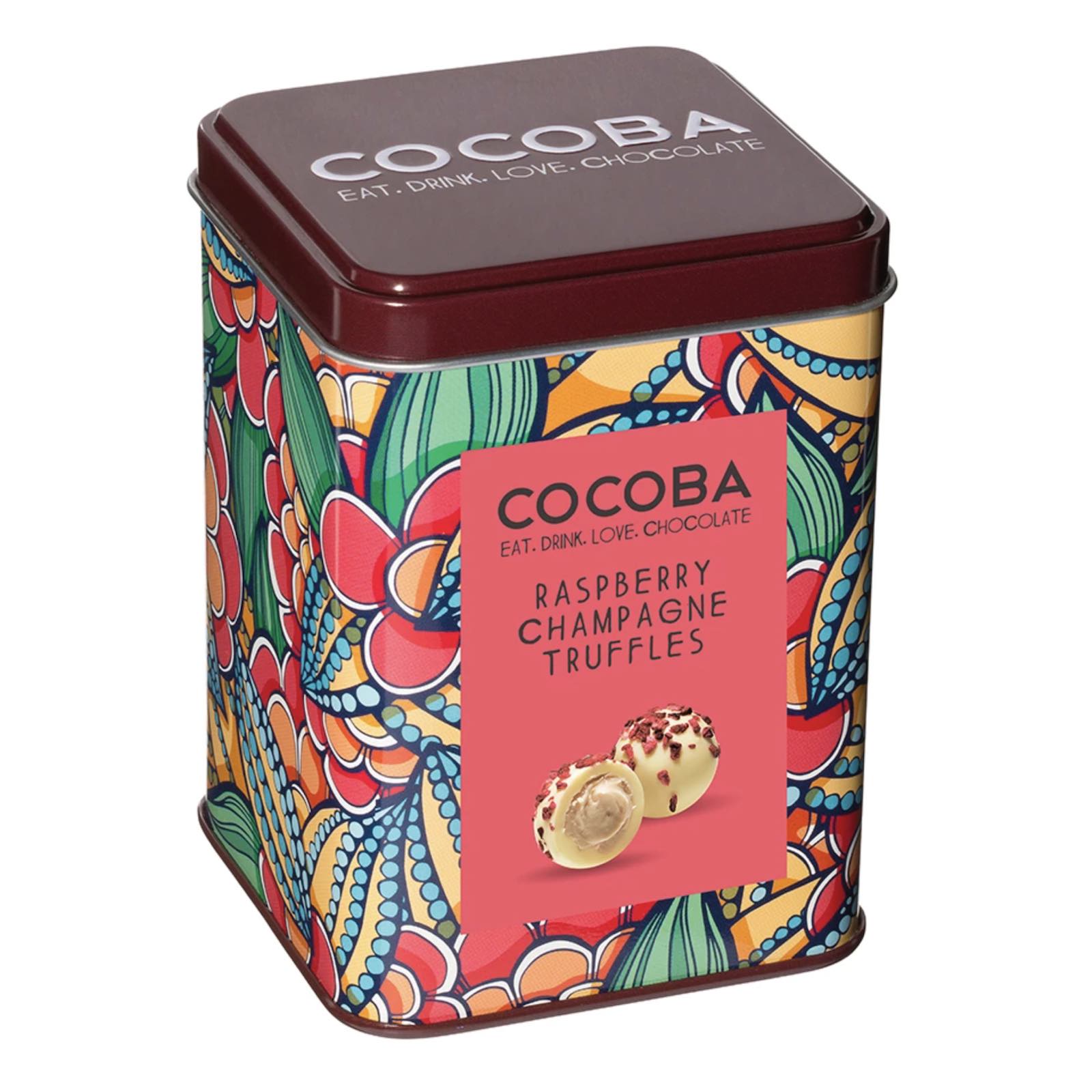 Trufe de ciocolată albă cu zmeură și șampanie în cutie metalică 120G